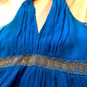 Blue lightweight silk dress with embroidered golden details- fits like 4
